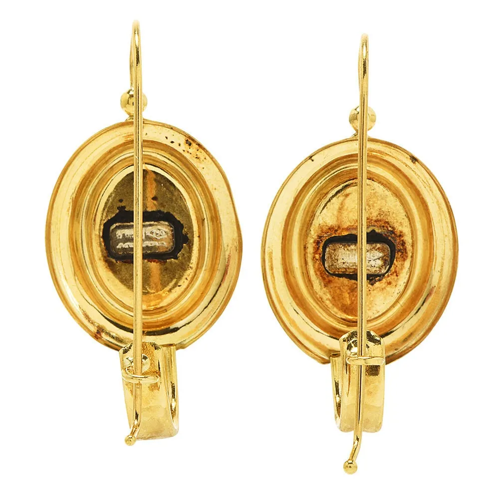 Vintage Italian Black Shell Cameo Drop Earrings by Muraro in 18K Yellow Gold