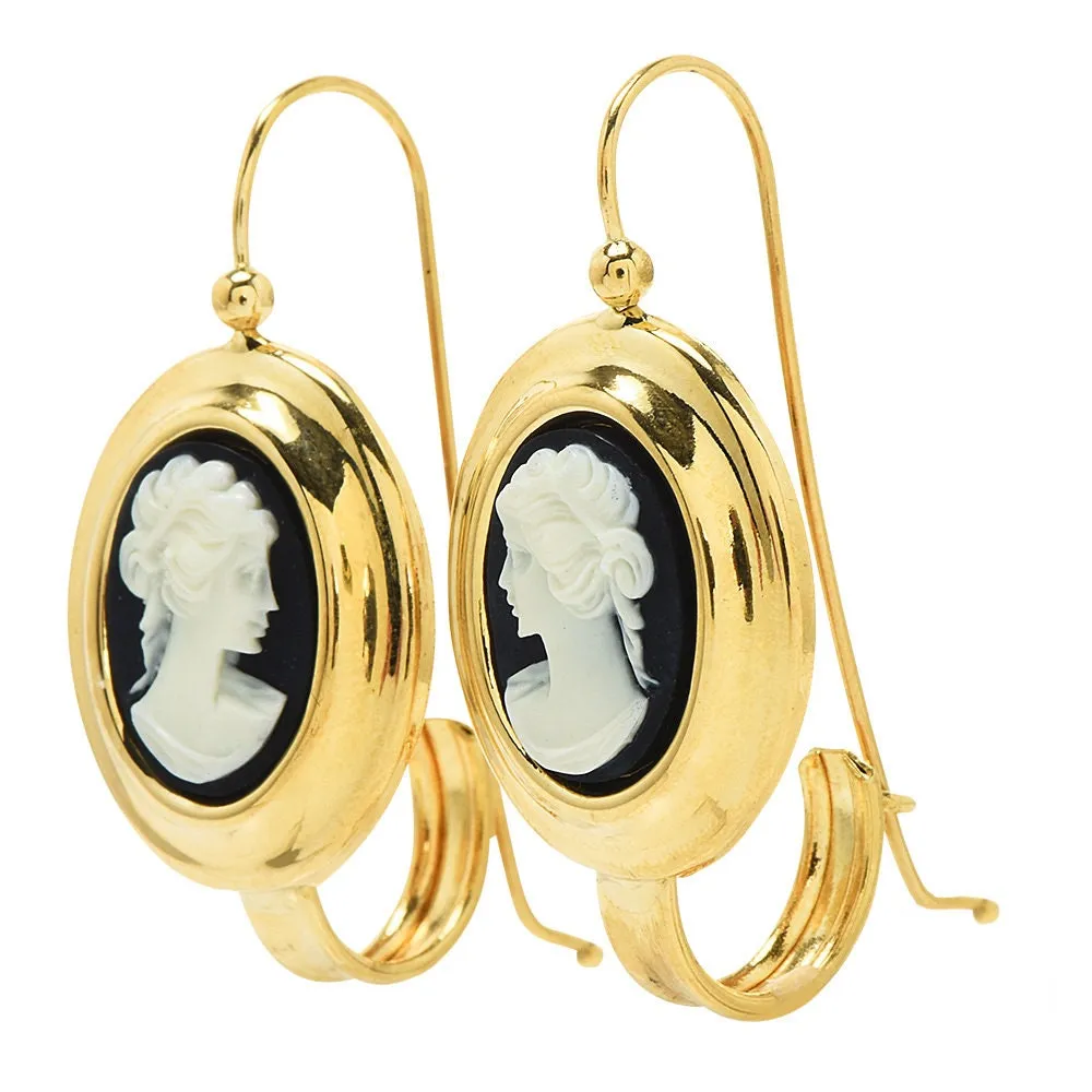 Vintage Italian Black Shell Cameo Drop Earrings by Muraro in 18K Yellow Gold