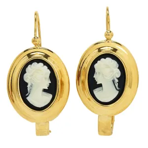 Vintage Italian Black Shell Cameo Drop Earrings by Muraro in 18K Yellow Gold