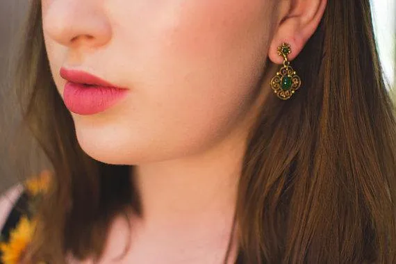 Vintage Jade Glass and Gold Filigree Dangling Pierced Statement Earrings Victorian Revival