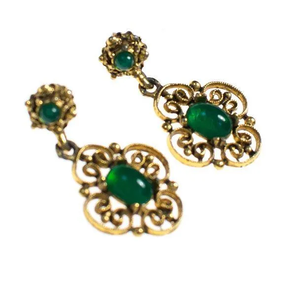 Vintage Jade Glass and Gold Filigree Dangling Pierced Statement Earrings Victorian Revival