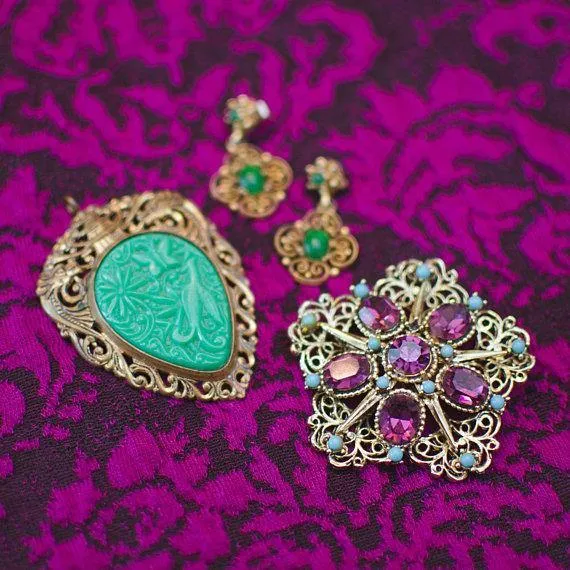 Vintage Jade Glass and Gold Filigree Dangling Pierced Statement Earrings Victorian Revival