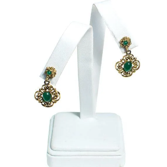Vintage Jade Glass and Gold Filigree Dangling Pierced Statement Earrings Victorian Revival