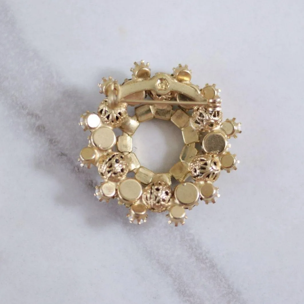Vintage Milk Glass, Rhinestones and Filigree Bead Brooch