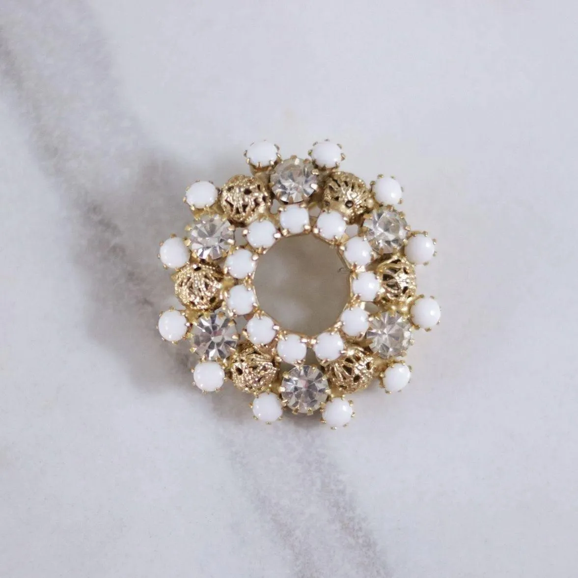 Vintage Milk Glass, Rhinestones and Filigree Bead Brooch