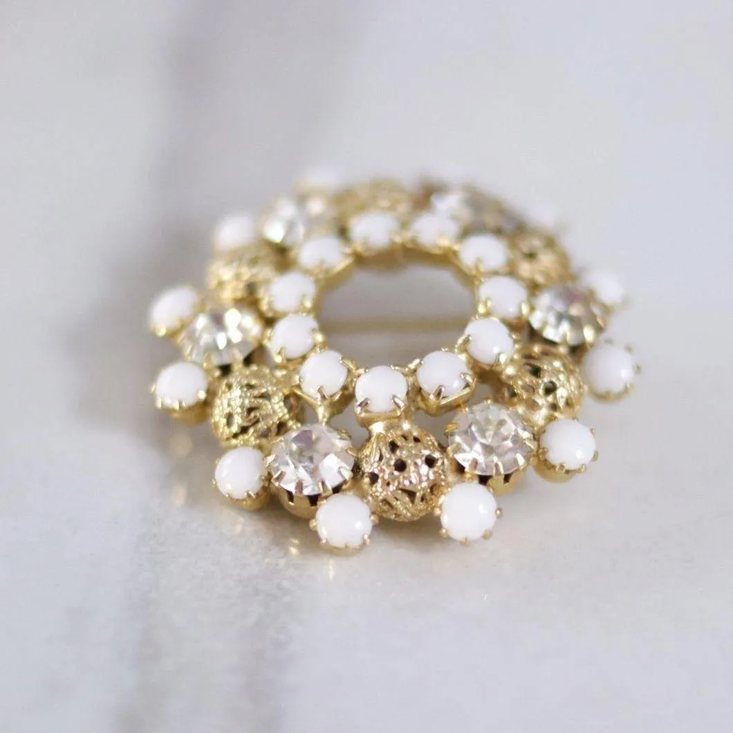 Vintage Milk Glass, Rhinestones and Filigree Bead Brooch
