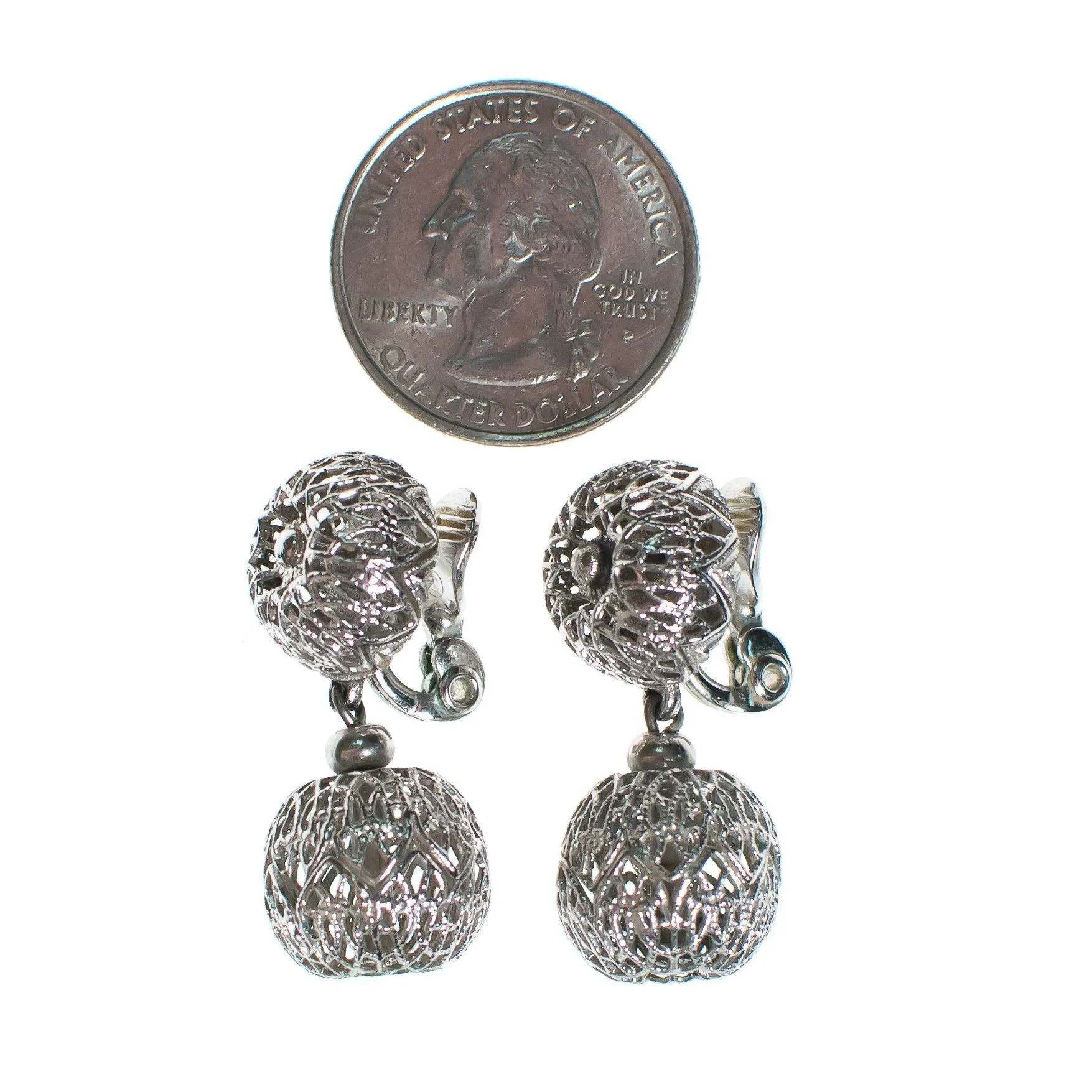 Vintage Monet Silver Filigree Danging Bead Earrings