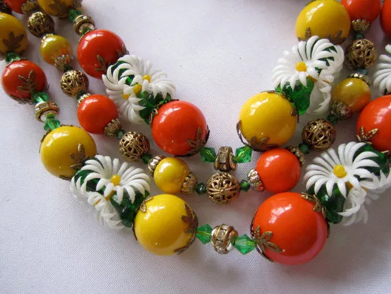 Vintage Necklace, Orange Yellow Flowers & Beads
