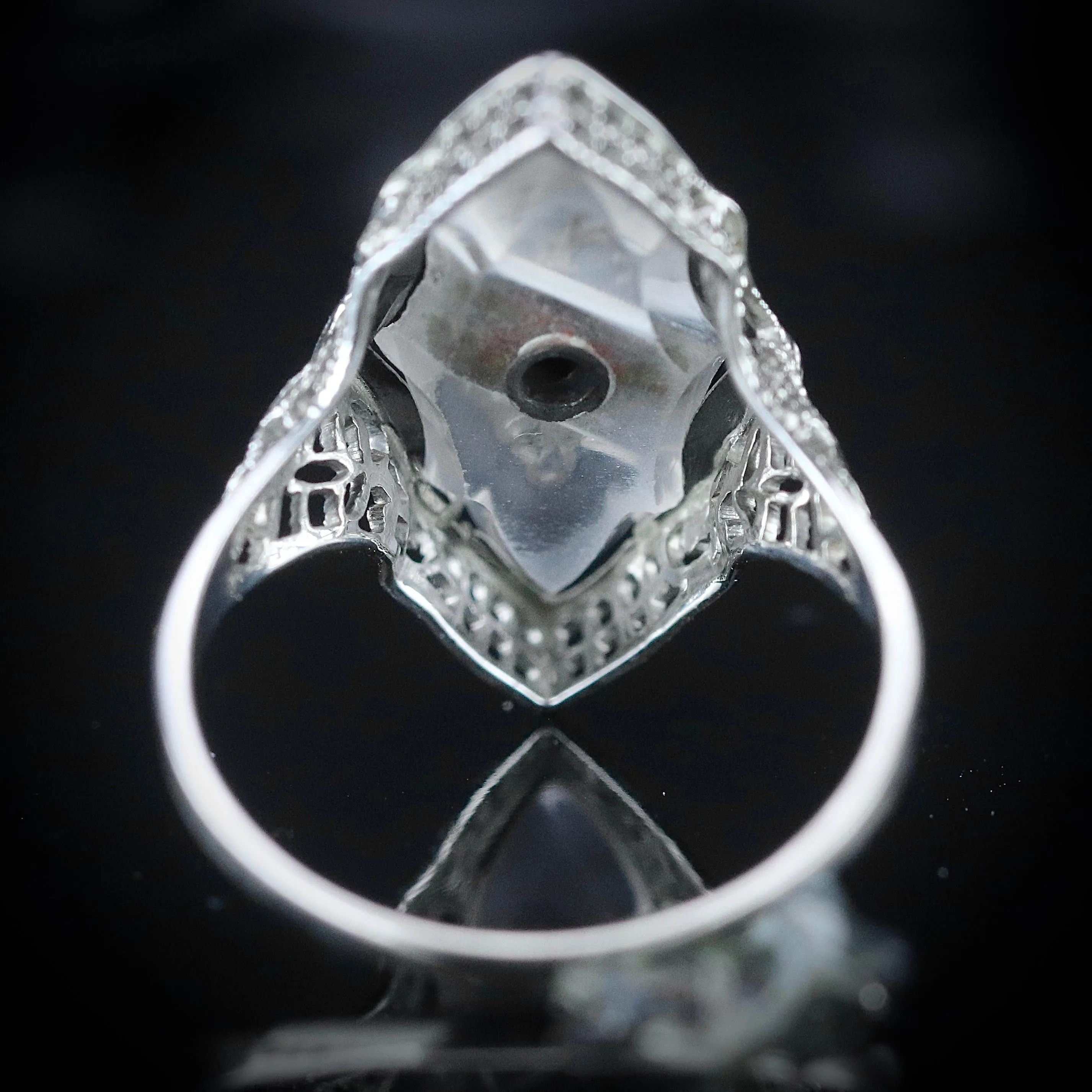 Vintage onyx and rock crystal ring in 14k white gold