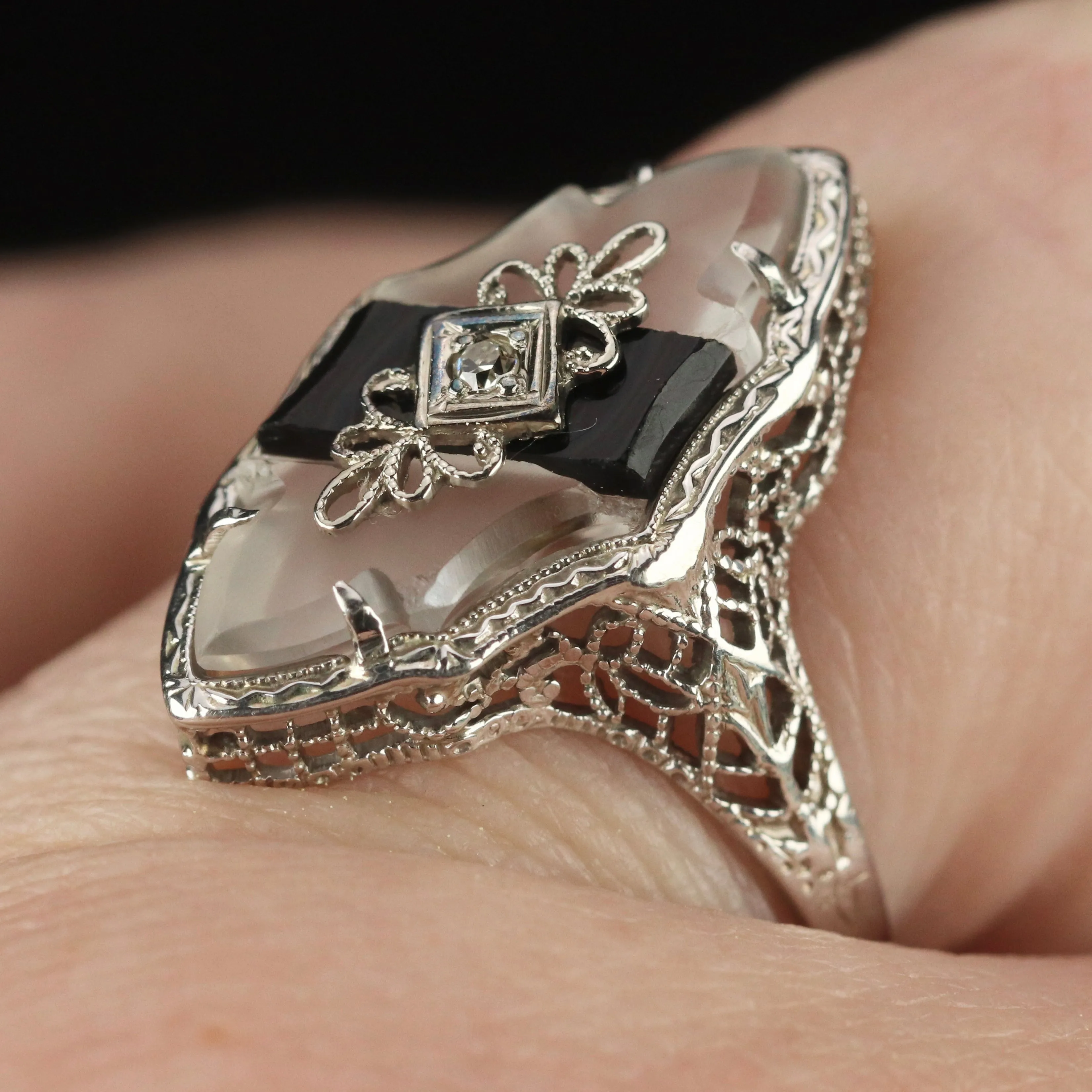 Vintage onyx and rock crystal ring in 14k white gold