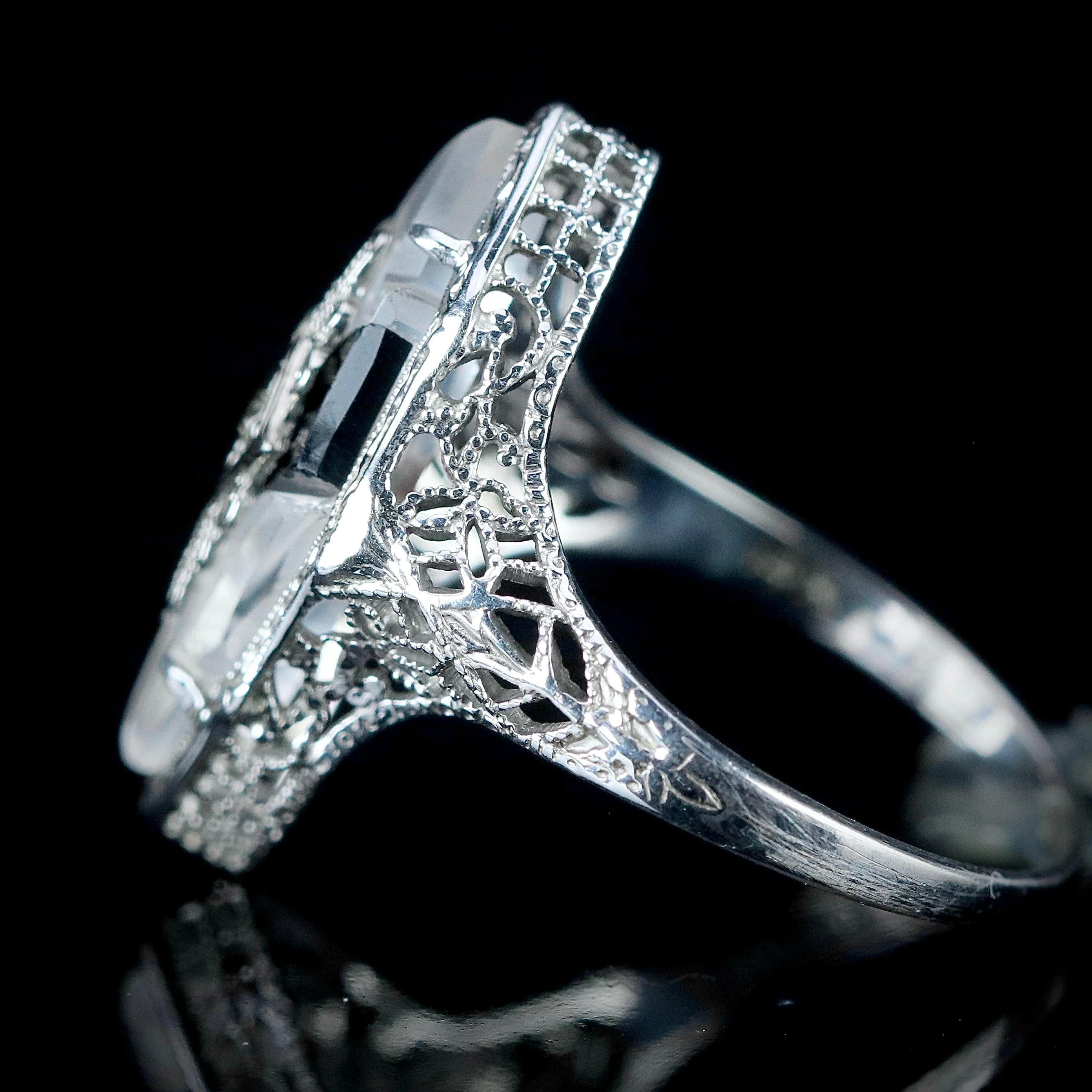 Vintage onyx and rock crystal ring in 14k white gold