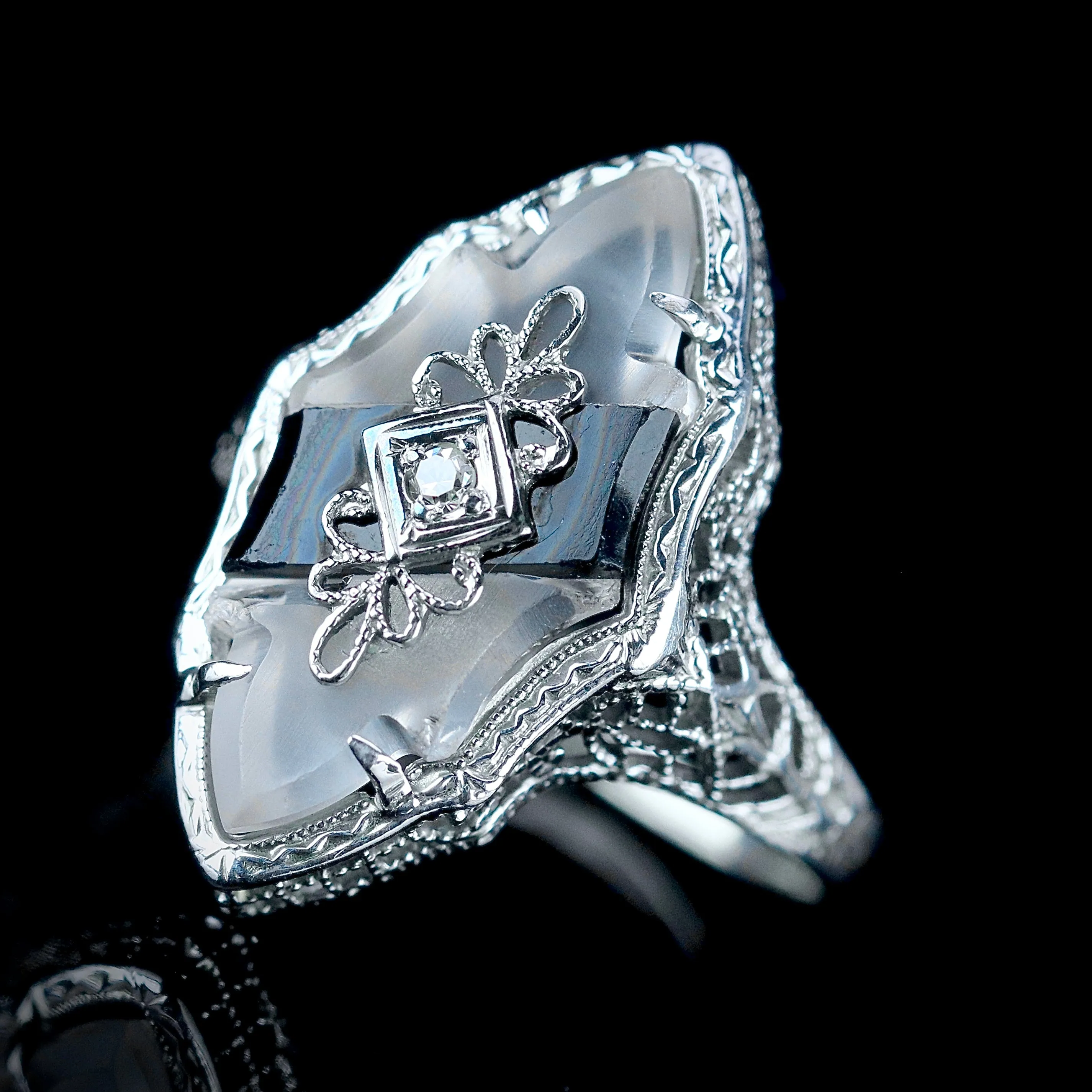 Vintage onyx and rock crystal ring in 14k white gold