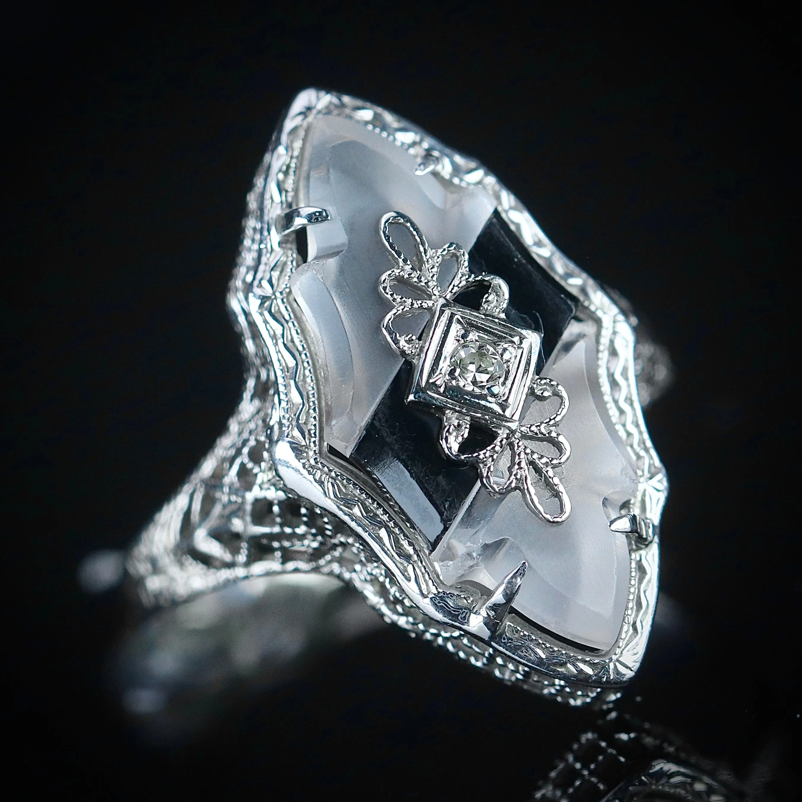 Vintage onyx and rock crystal ring in 14k white gold