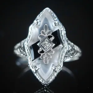 Vintage onyx and rock crystal ring in 14k white gold