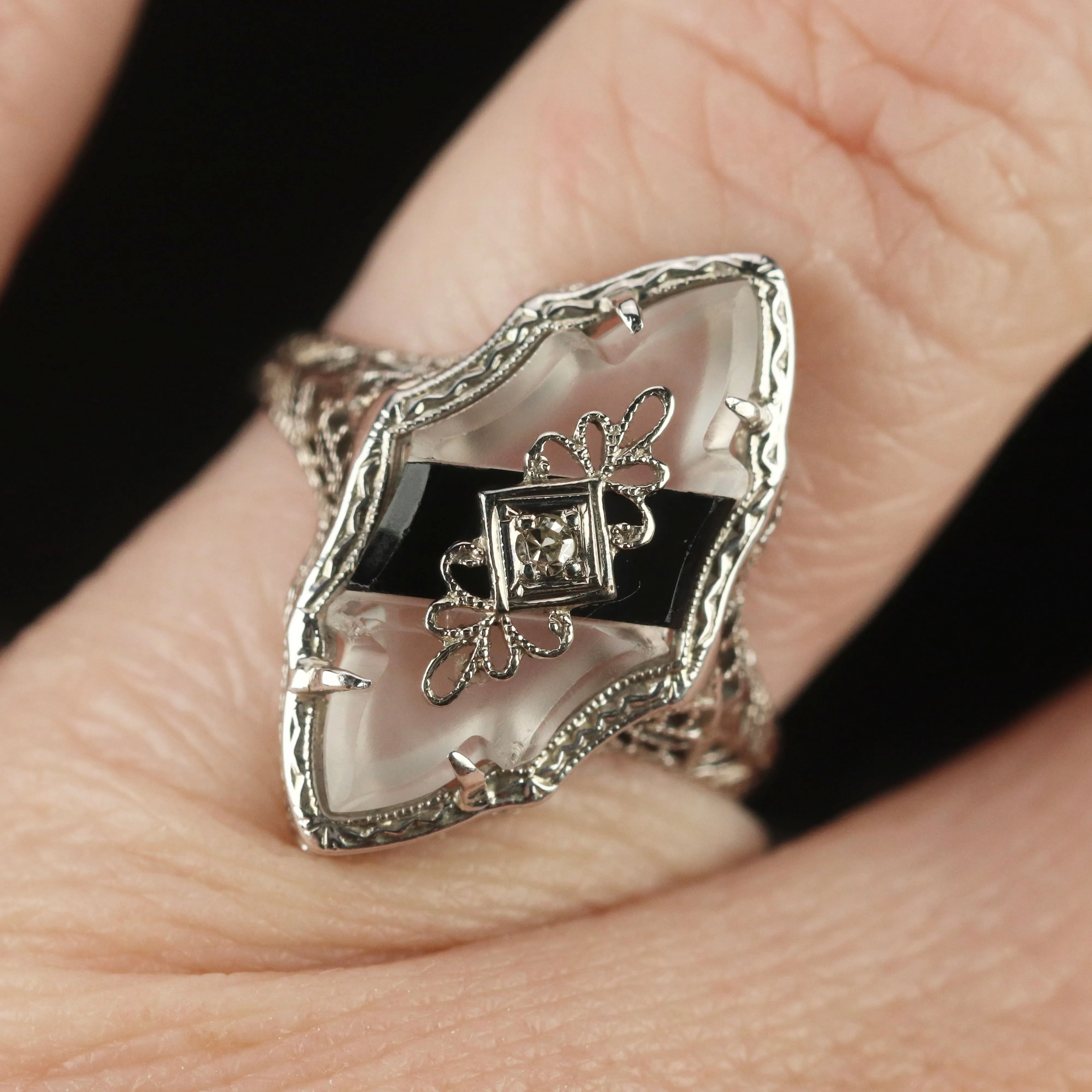 Vintage onyx and rock crystal ring in 14k white gold