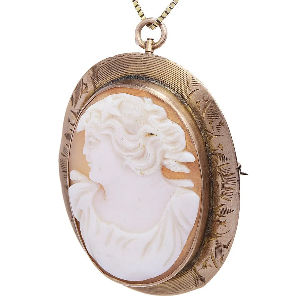 Vintage Portrait Shell Cameo Pin/Pendant Framed in 10K Yellow Gold