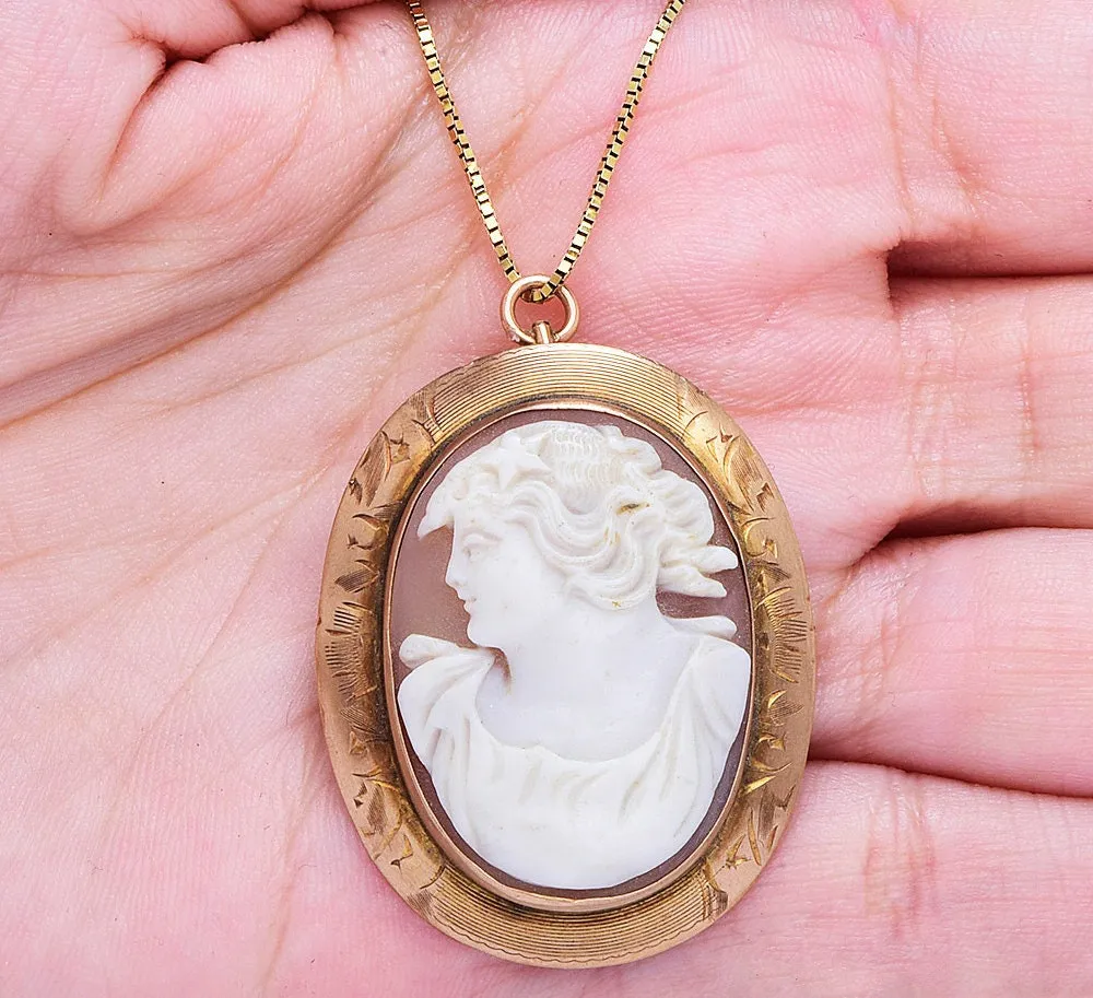 Vintage Portrait Shell Cameo Pin/Pendant Framed in 10K Yellow Gold