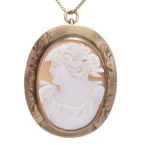 Vintage Portrait Shell Cameo Pin/Pendant Framed in 10K Yellow Gold