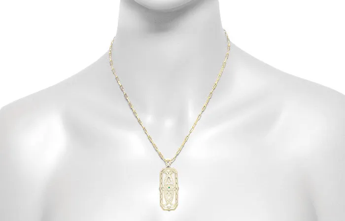 Vintage Style 1930's Deco Filigree Emerald Ichthus Pendant Necklace in Yellow Gold Vermeil Over Sterling Silver