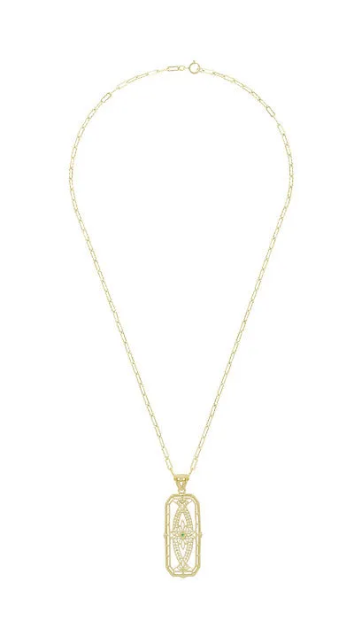 Vintage Style 1930's Deco Filigree Emerald Ichthus Pendant Necklace in Yellow Gold Vermeil Over Sterling Silver