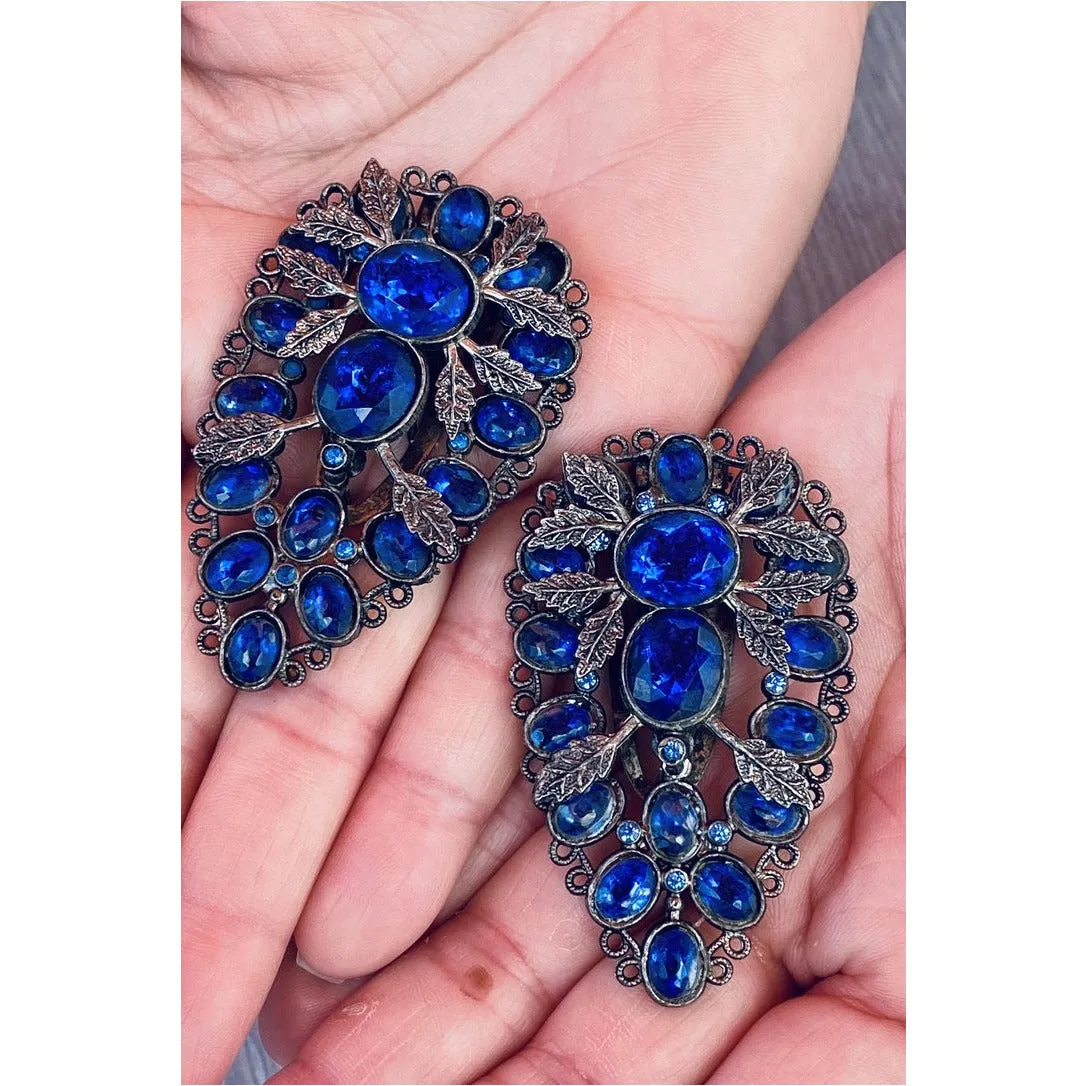Vintage Teardrop Large Blue Stones Dress Clips 1930S