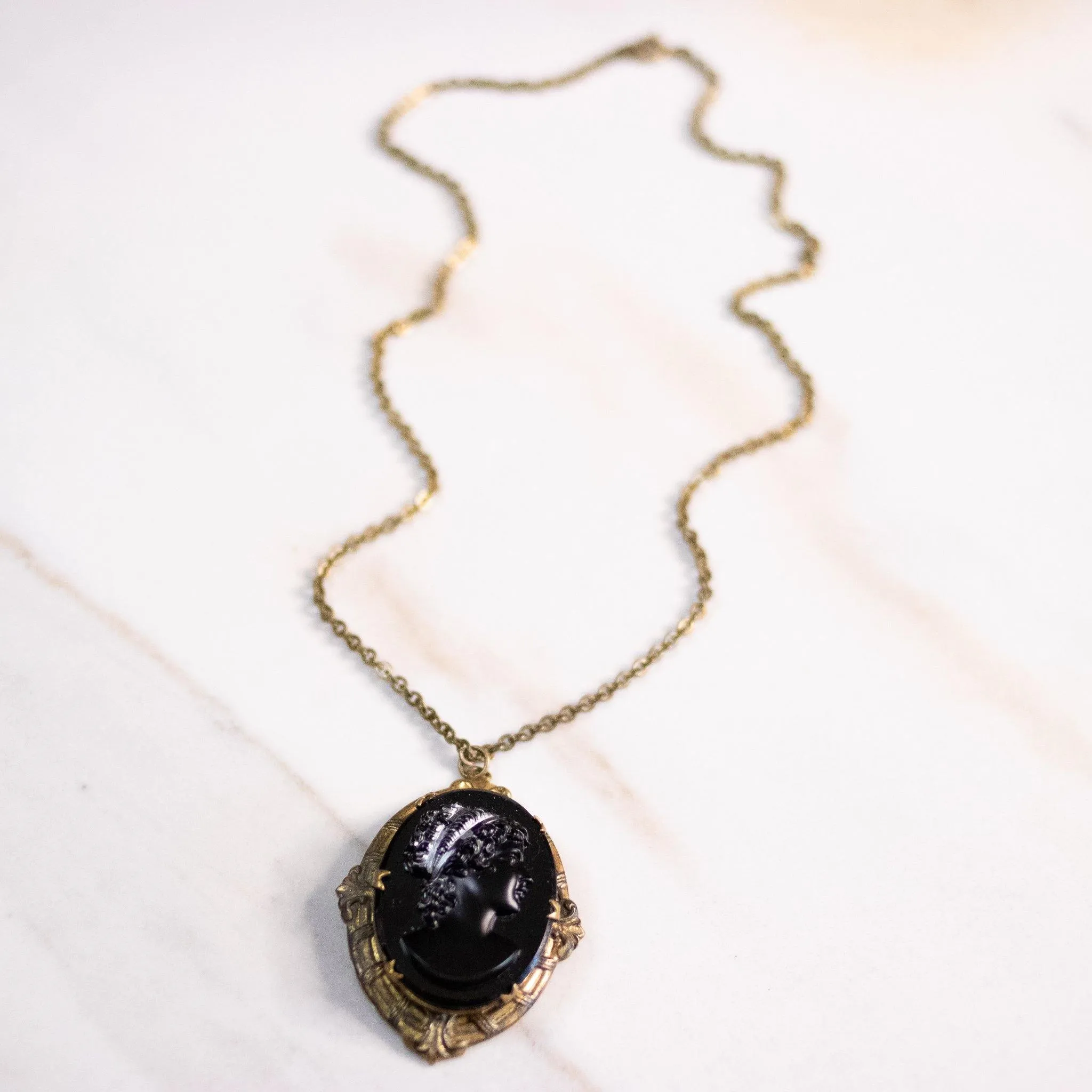 Vintage Victorian Revival Black Lucite Cameo Necklace
