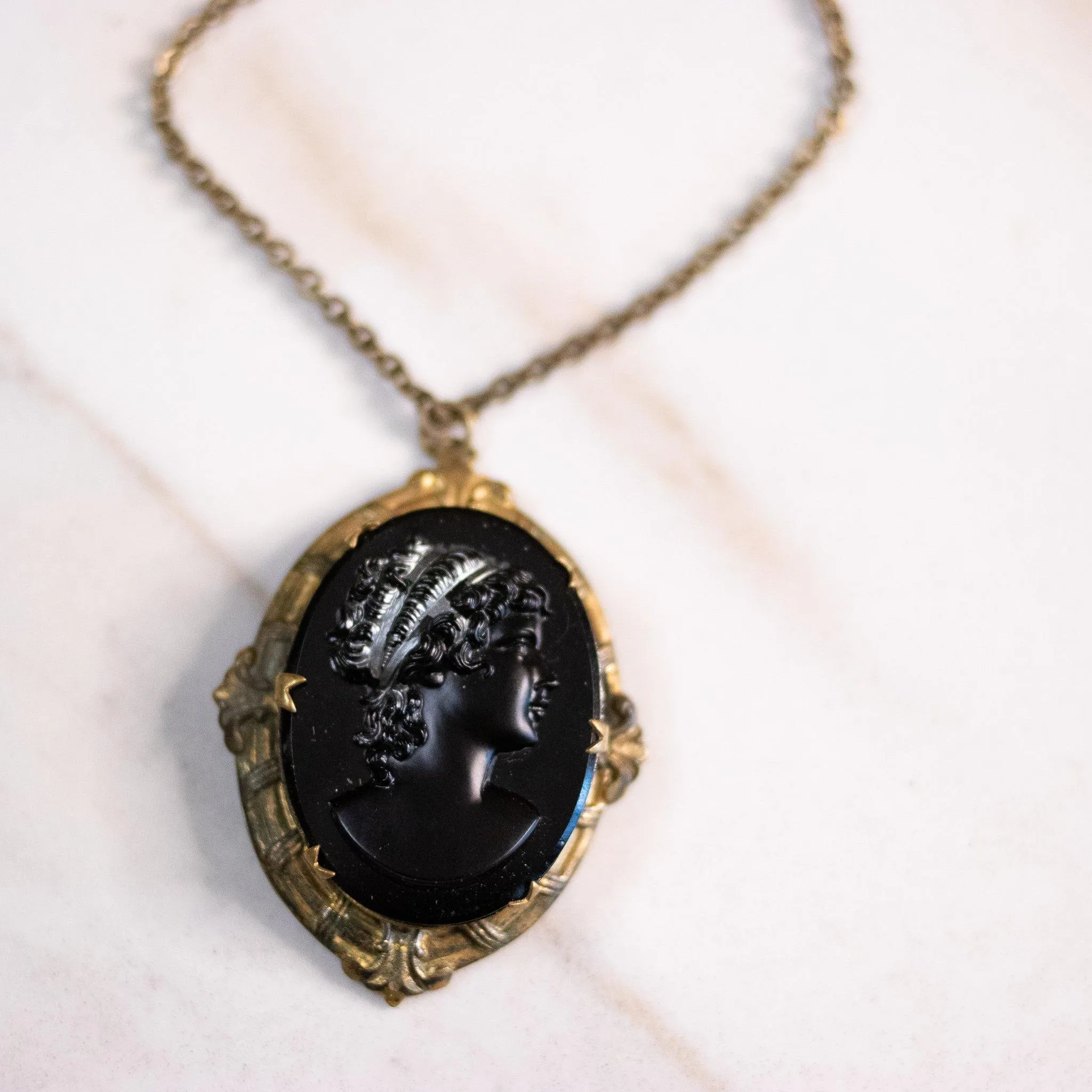 Vintage Victorian Revival Black Lucite Cameo Necklace