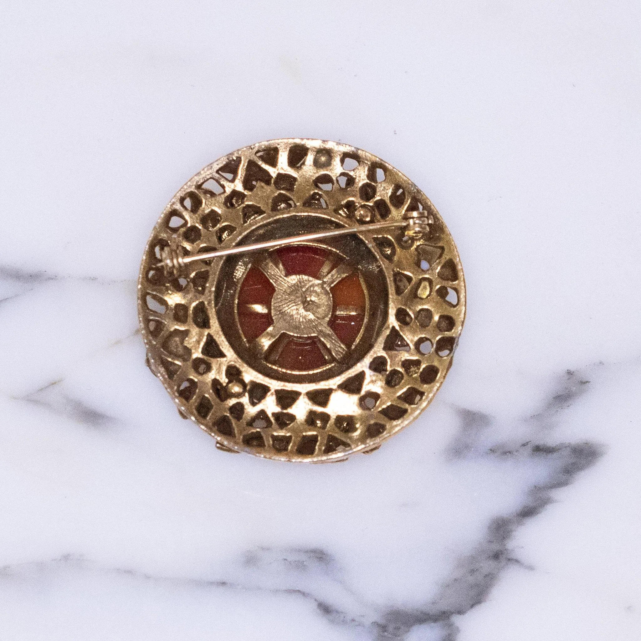 Vintage Victorian Revival Medallion Brooch with Tortoise Glass, Cameo, Black Glass