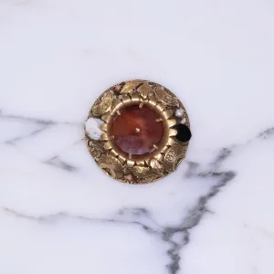 Vintage Victorian Revival Medallion Brooch with Tortoise Glass, Cameo, Black Glass