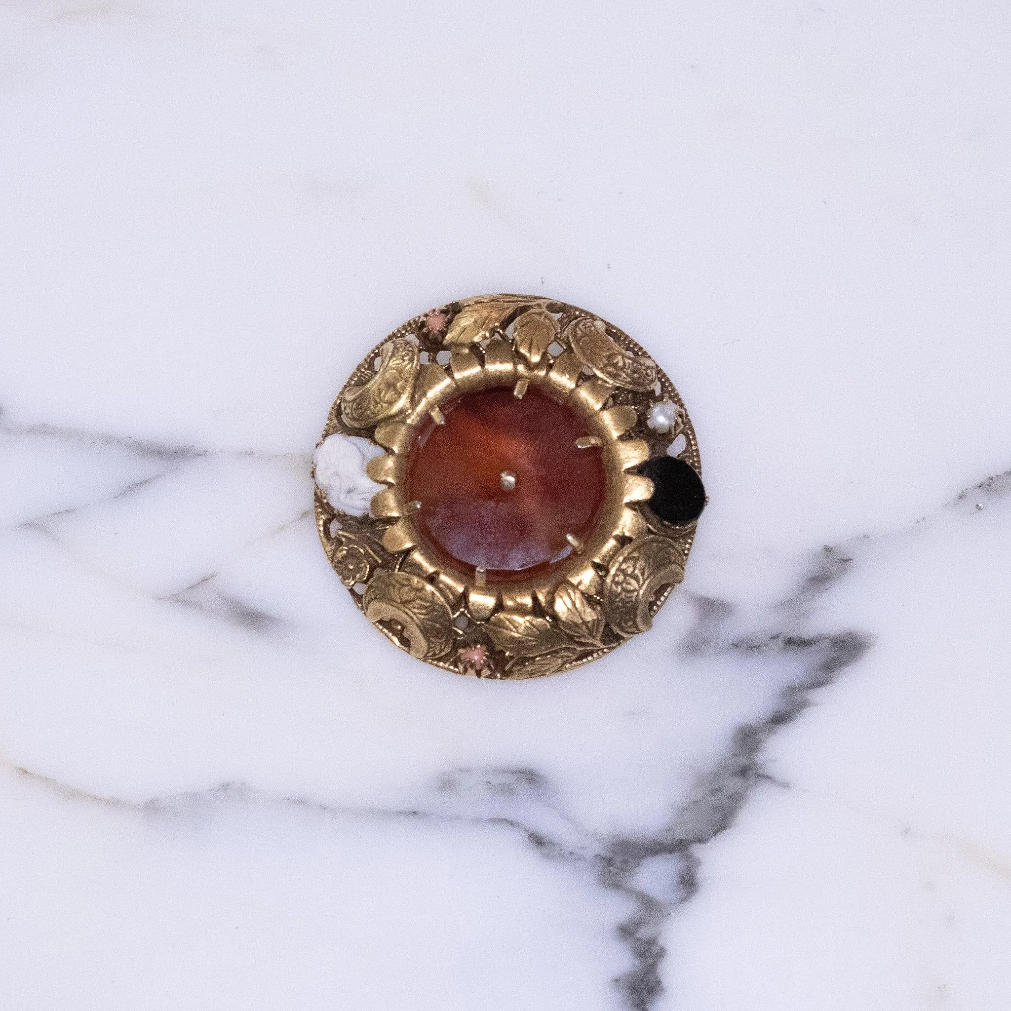 Vintage Victorian Revival Medallion Brooch with Tortoise Glass, Cameo, Black Glass
