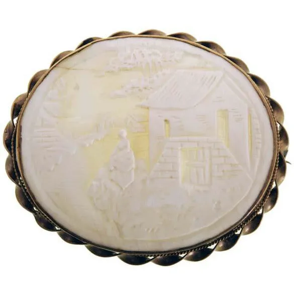 Vintage Victorian Shell Cameo Brooch Large Scenic