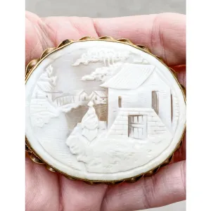 Vintage Victorian Shell Cameo Brooch Large Scenic