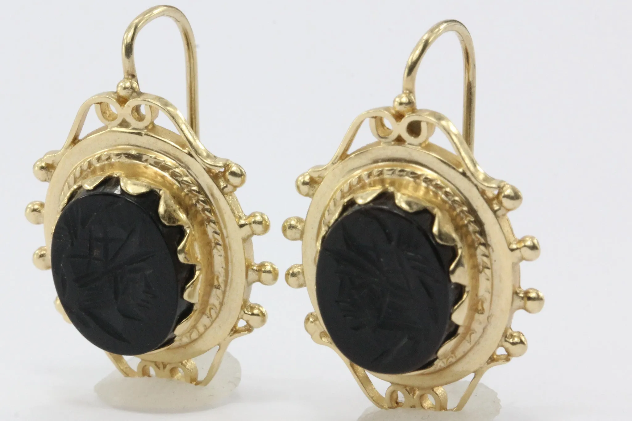 Vintage Victorian Style 14K Gold Black Onyx Intaglio Roman Cameo Earrings