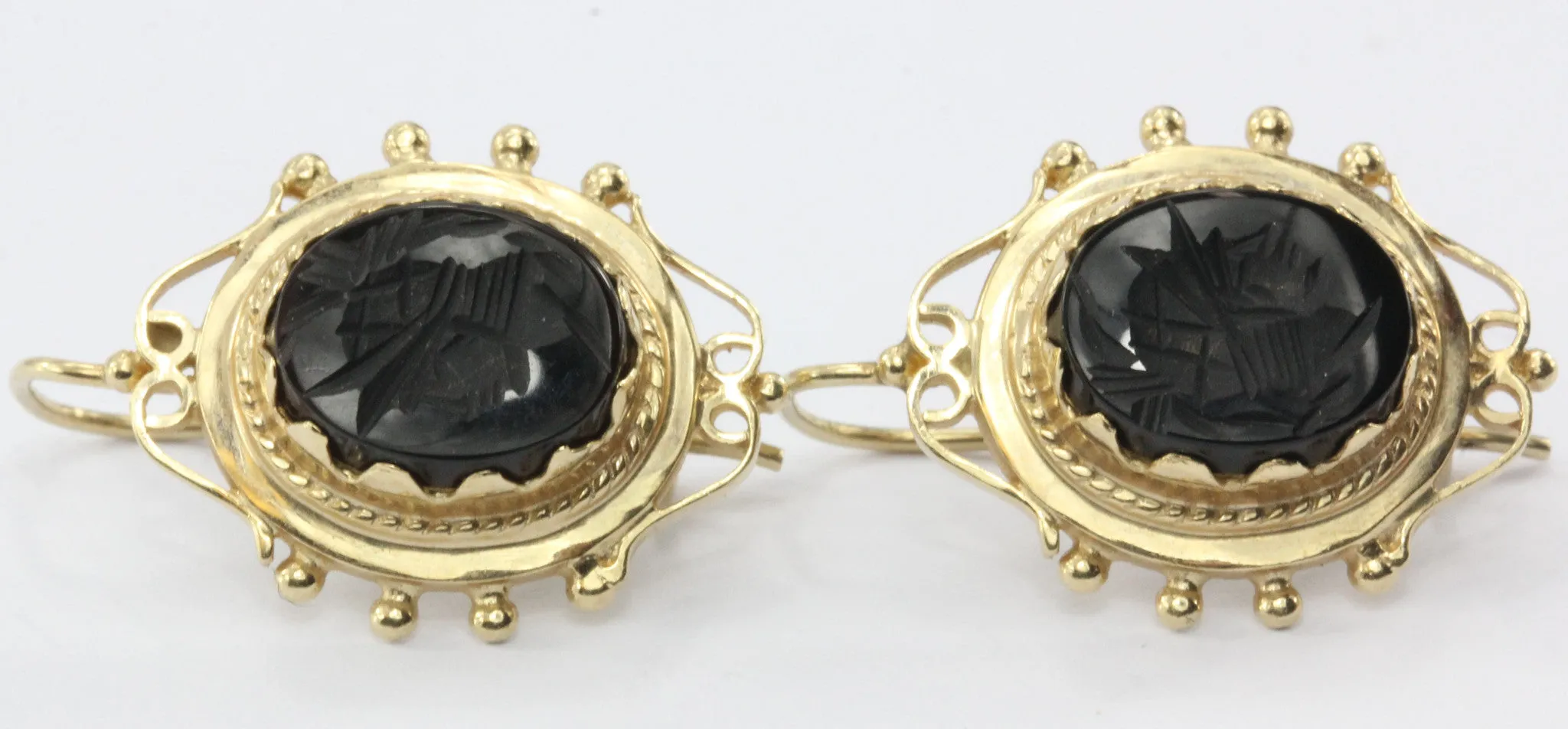 Vintage Victorian Style 14K Gold Black Onyx Intaglio Roman Cameo Earrings