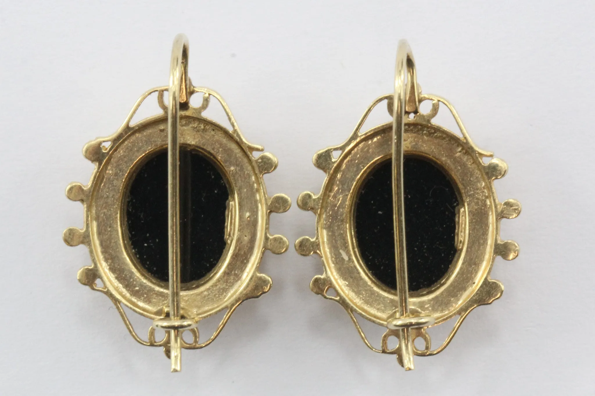 Vintage Victorian Style 14K Gold Black Onyx Intaglio Roman Cameo Earrings