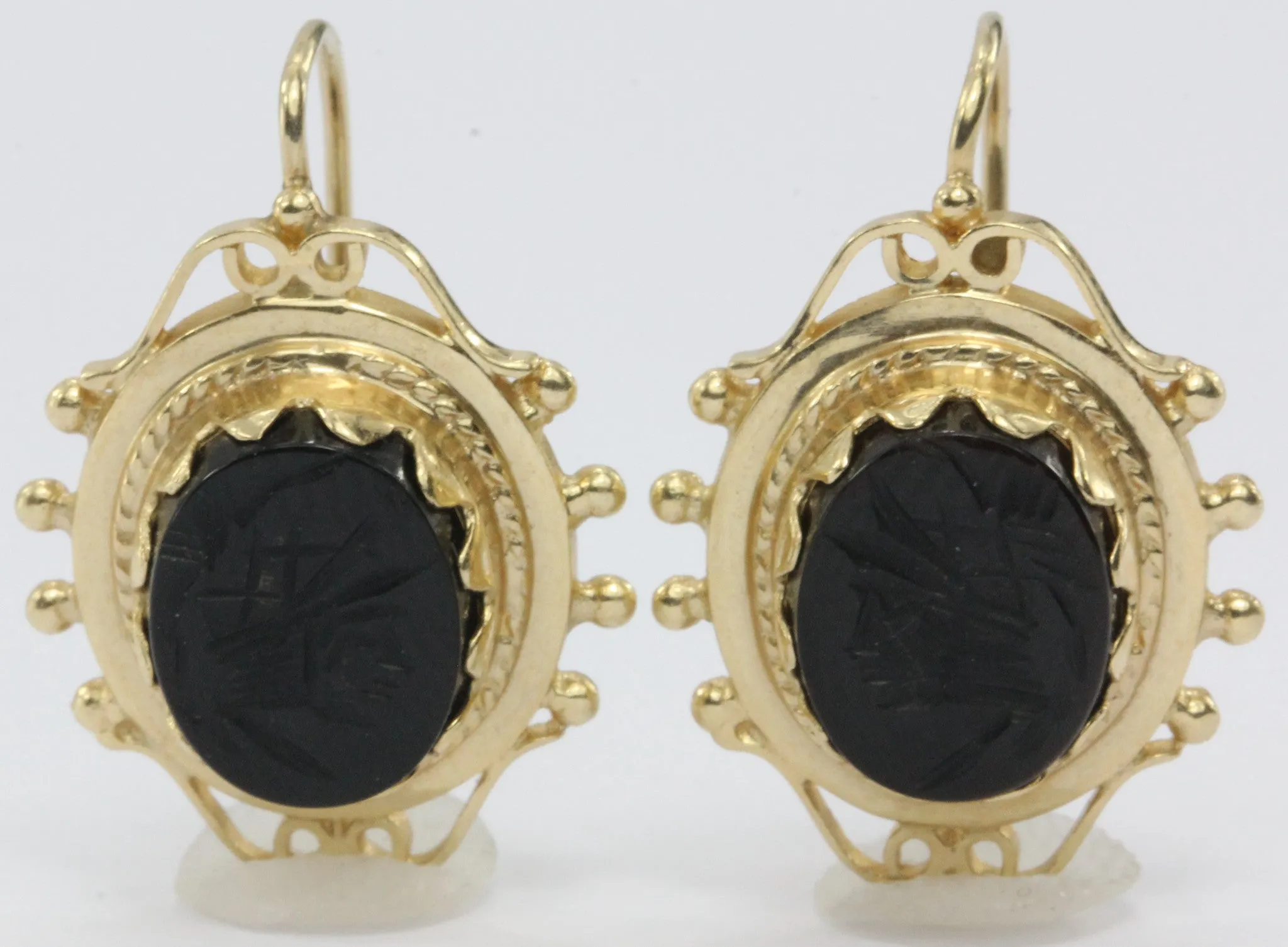 Vintage Victorian Style 14K Gold Black Onyx Intaglio Roman Cameo Earrings