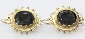 Vintage Victorian Style 14K Gold Black Onyx Intaglio Roman Cameo Earrings