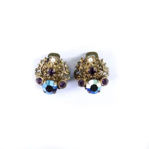 Vintage West Germany Earrings with Dark Aurora Borealis Crystal and Purple Rhinestones