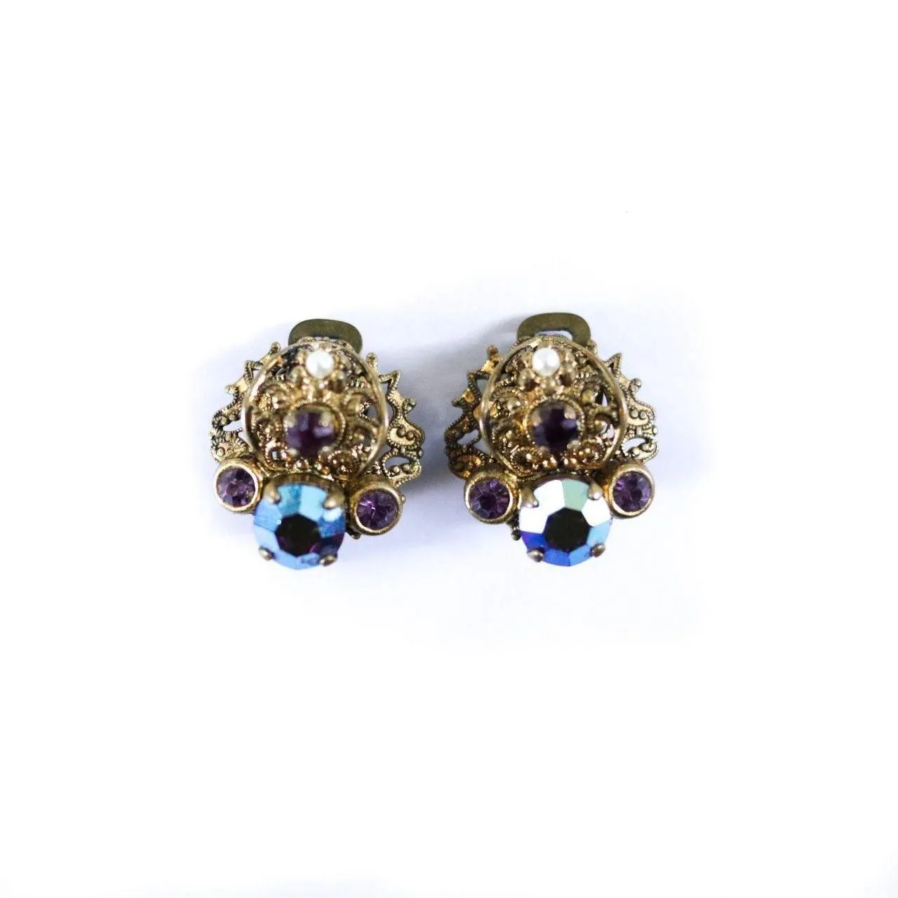 Vintage West Germany Earrings with Dark Aurora Borealis Crystal and Purple Rhinestones