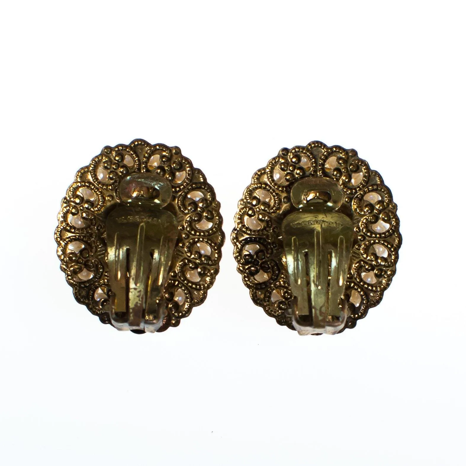 Vintage West Germany Oval Gold Filigree Earrings with Pastel Flowers and Pearls Clip On