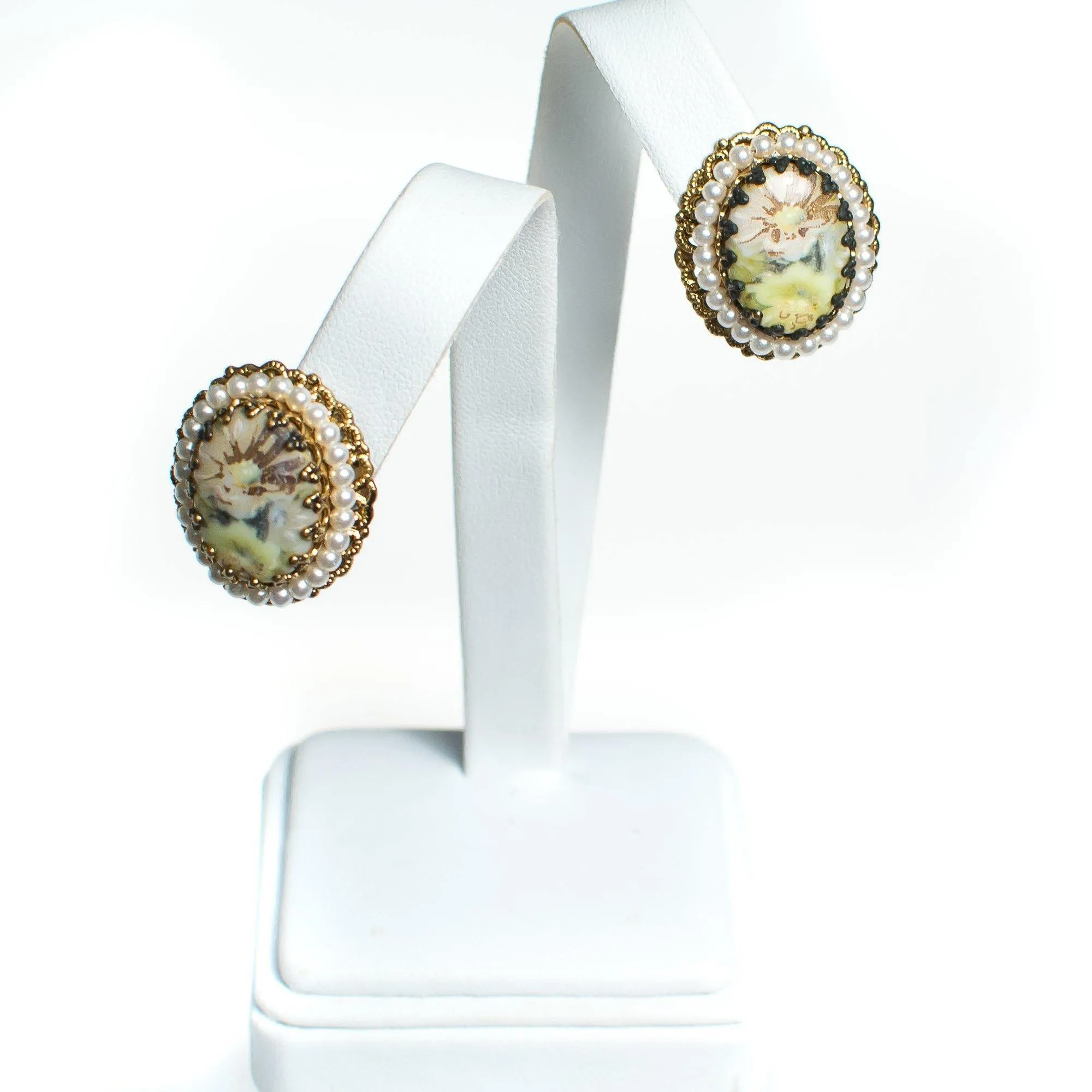 Vintage West Germany Oval Gold Filigree Earrings with Pastel Flowers and Pearls Clip On