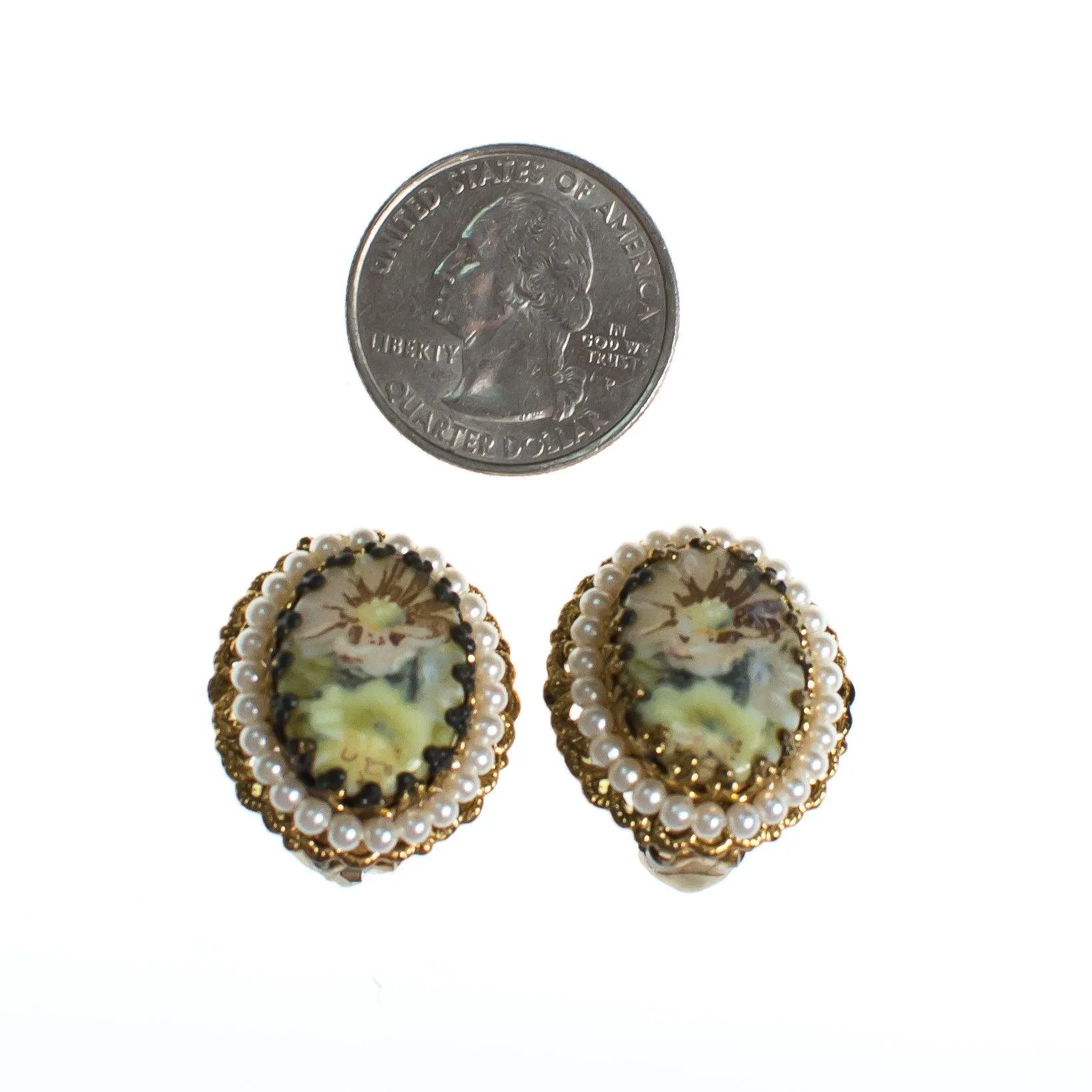 Vintage West Germany Oval Gold Filigree Earrings with Pastel Flowers and Pearls Clip On