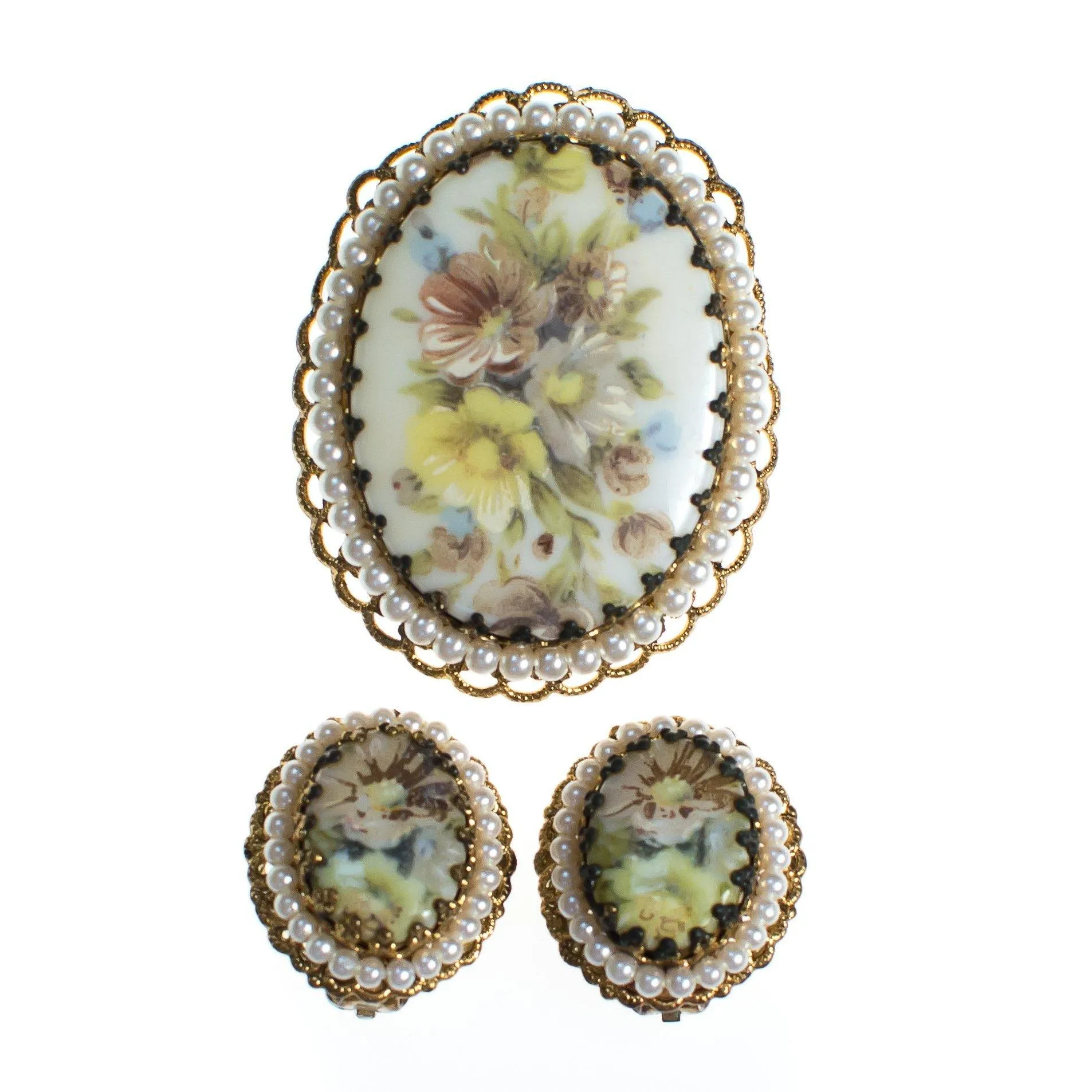 Vintage West Germany Oval Gold Filigree Earrings with Pastel Flowers and Pearls Clip On