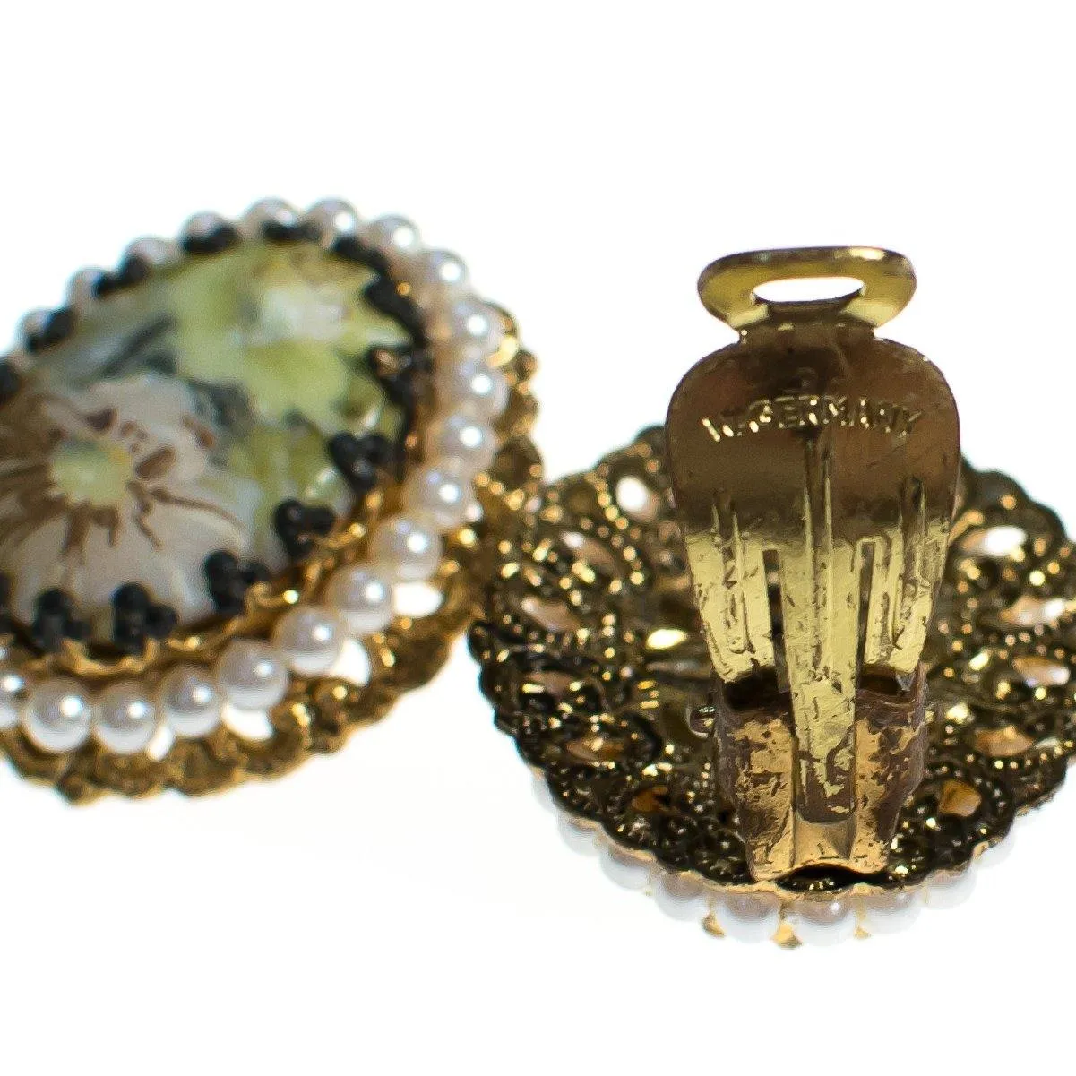 Vintage West Germany Oval Gold Filigree Earrings with Pastel Flowers and Pearls Clip On