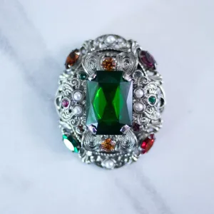 Vintage West Germany Silver Filigree Brooch with Emerald Green Rhinestones, Colorful Crystals, and Faux Pearls