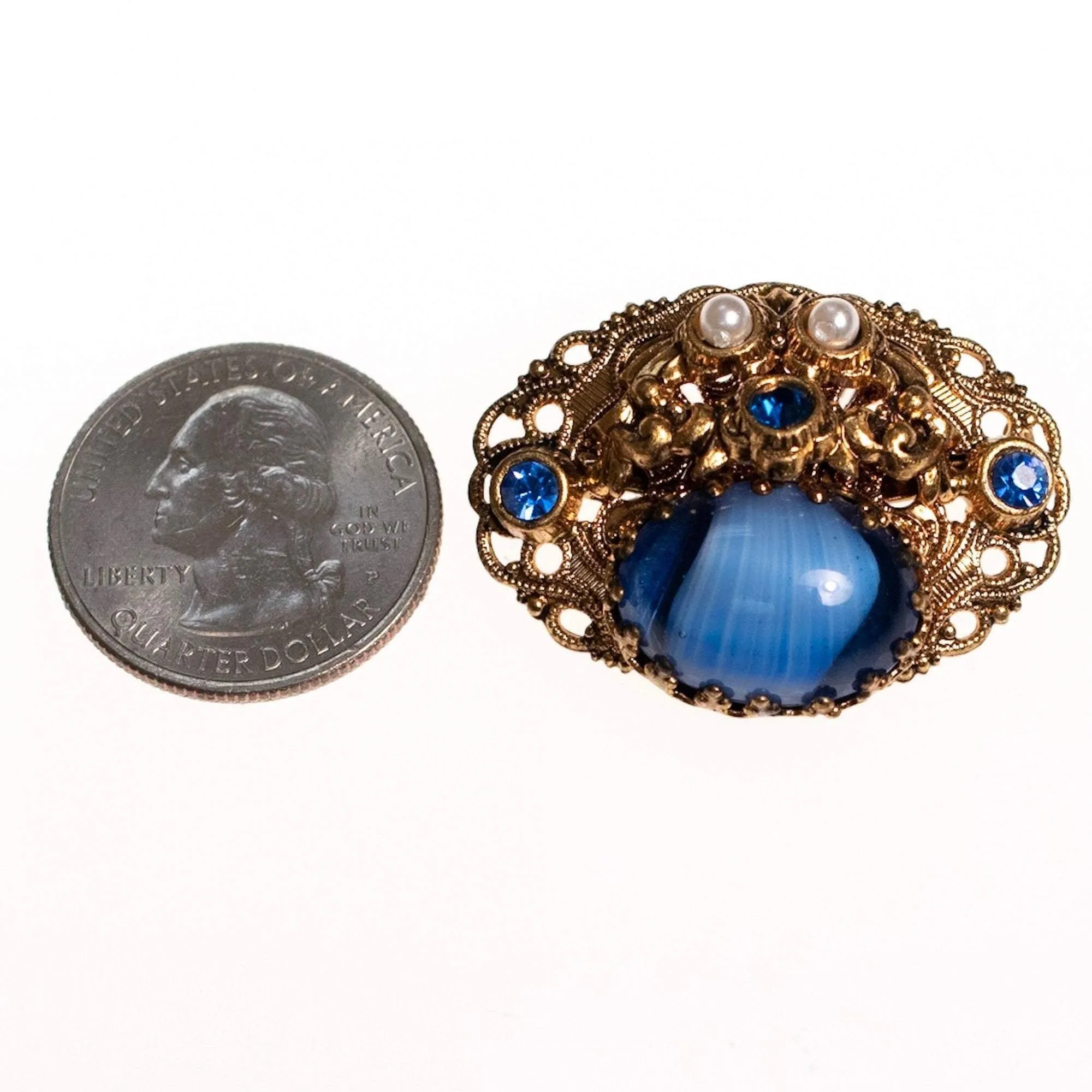 Vintage West Germany Small Givere Blue Glass, Faux Pearl Gold Filigree Brooch