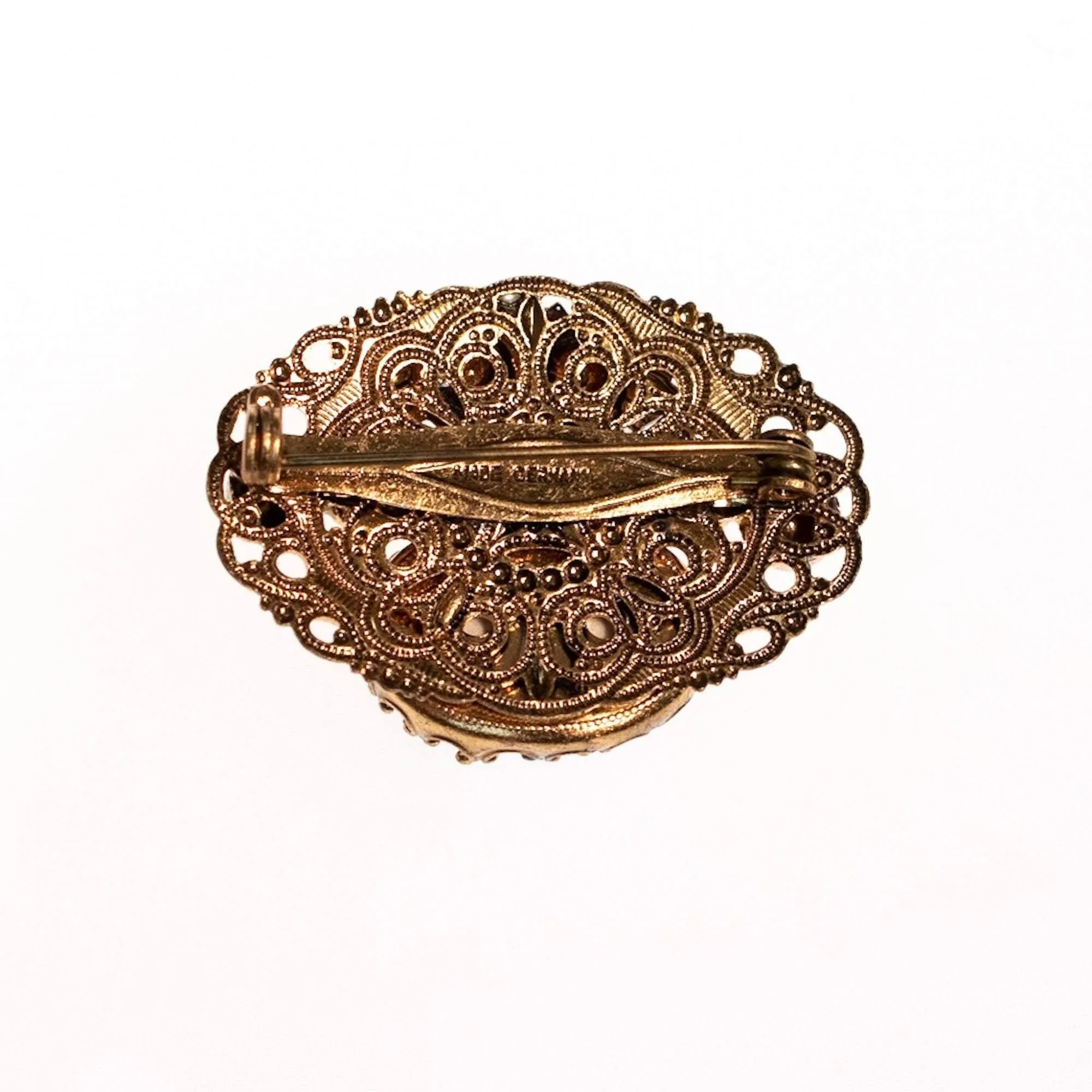 Vintage West Germany Small Givere Blue Glass, Faux Pearl Gold Filigree Brooch