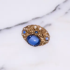 Vintage West Germany Small Givere Blue Glass, Faux Pearl Gold Filigree Brooch