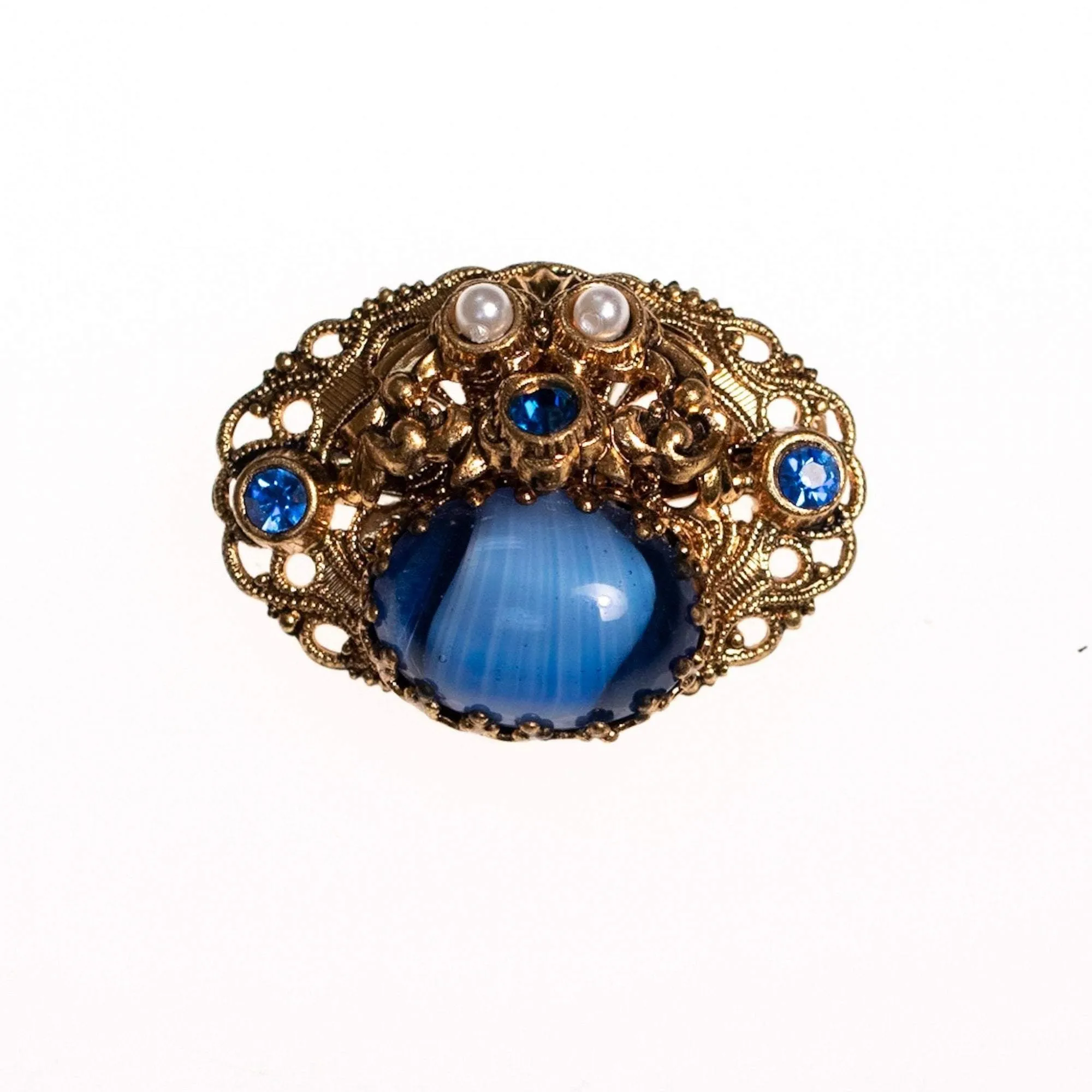 Vintage West Germany Small Givere Blue Glass, Faux Pearl Gold Filigree Brooch
