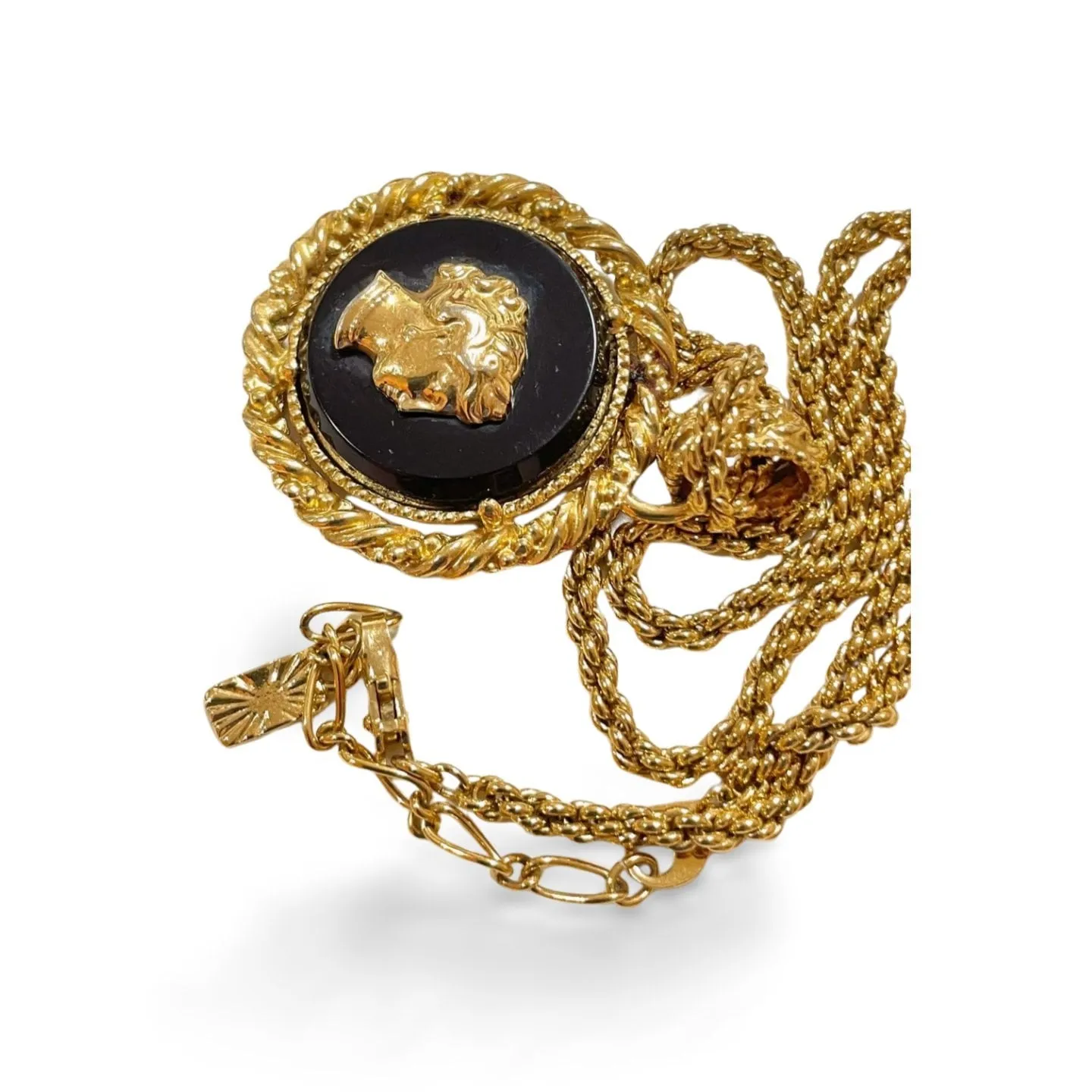 Vintage Yves Saint Laurent golden chain necklace with golden and black Queen cameo design pendant top. 060123ac7